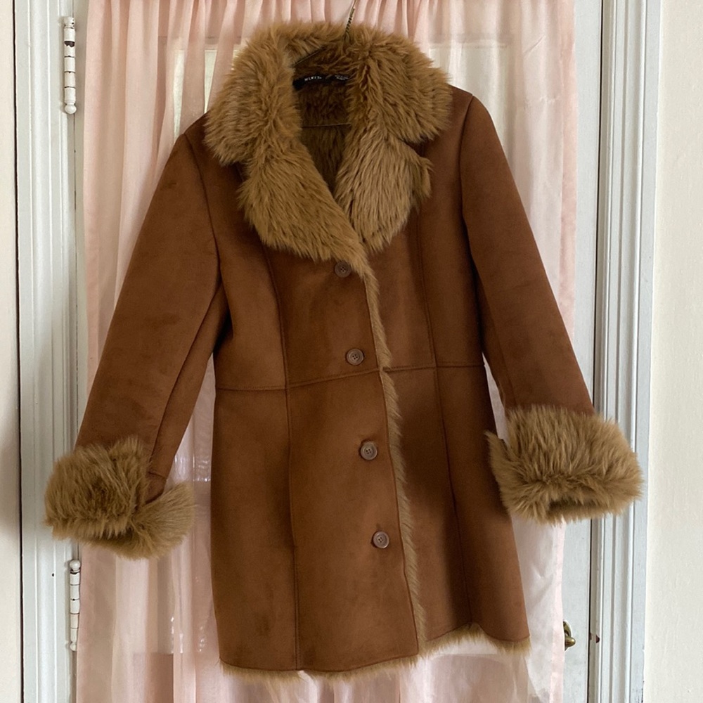 MIXIT Brown Suede Dress Coat, with Faux Fur Inside
